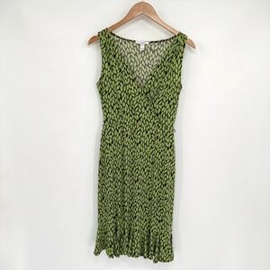 Dressbarn Y2K Green/Brown Leaf Print V-Neck Flare Dress Women's Size 6
